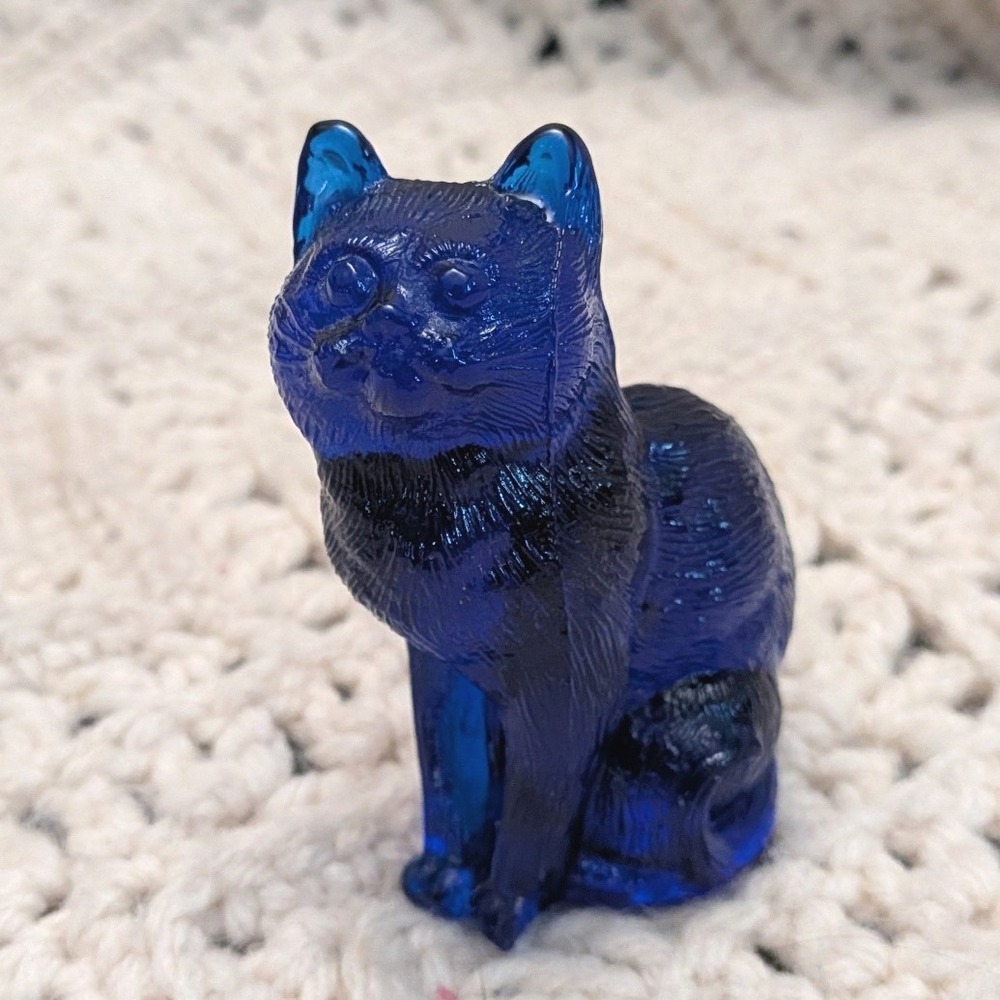 Vintage Mosser Glass Cat Figurine Cobalt Blue Sitting Kitten Collectible 3 Inch